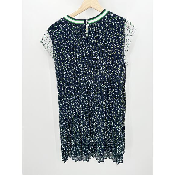 DR2 Dress Women MEDIUM White Blue Green Printed Pleated Cap Sleeve Mini - Picture 2 of 8